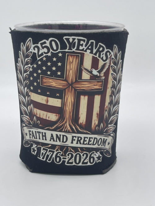 250 Years America 1776-2026 Patriotic Neoprene Can Cooler Set of 4 - Eagle Cross & Flag Sunglasses Designs - 4th of July Gift”