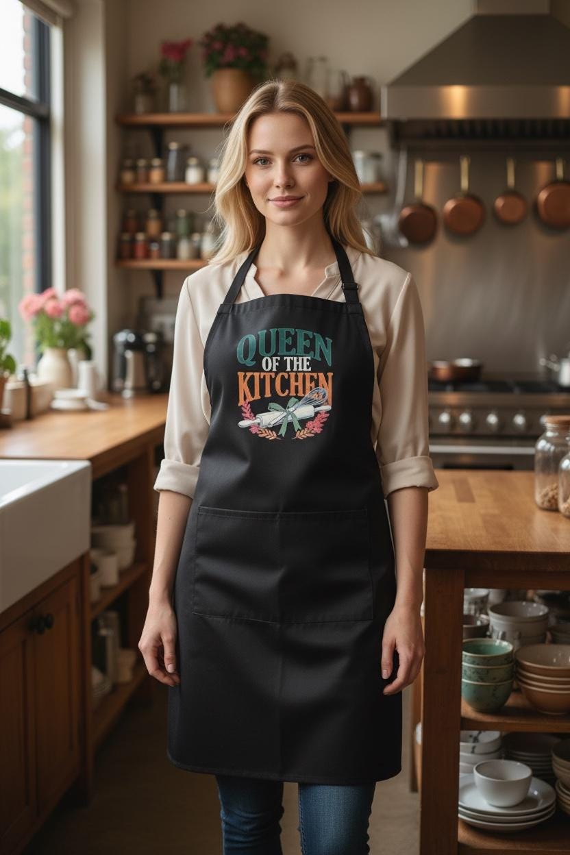 Queen of the Kitchen Apron - Funny Cooking Apron with Rolling Pin Design - Black Chef Gift for Women