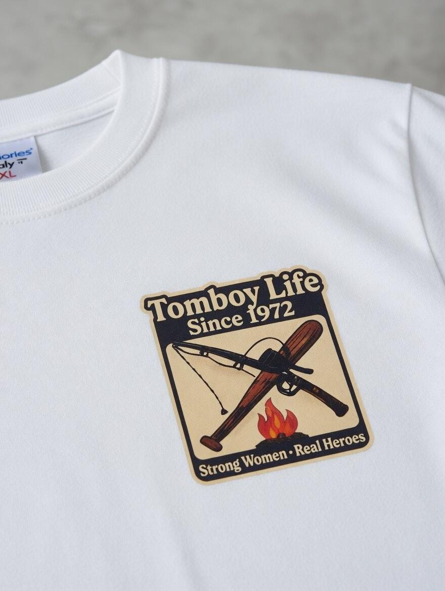 Tomboy Life Since 1972 Outdoor Badge T-Shirt | Fishing Softball Camping Graphic Tee | Strong Women Real Outdoors Shirt | White T-Shirt