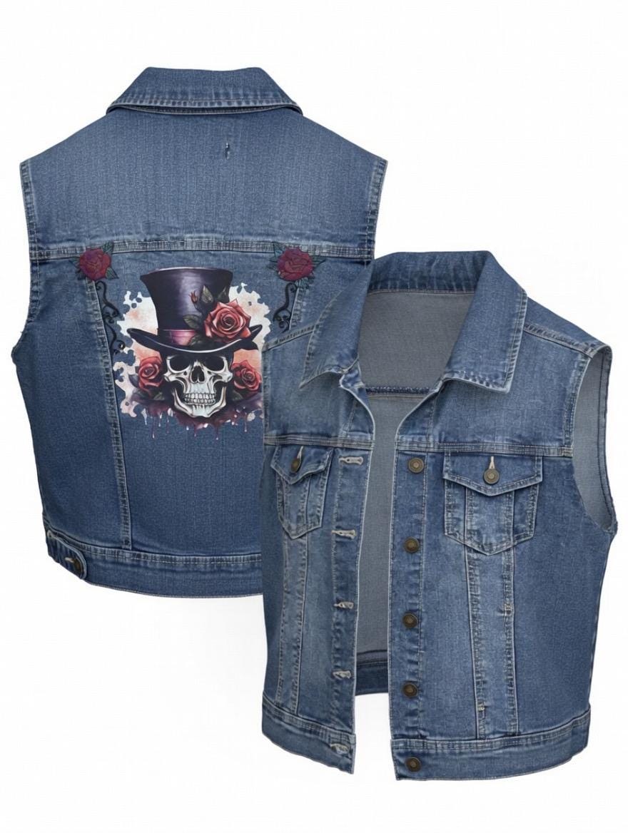 Blue Denim Vest Women - Skull Top Hat Roses Painted Jean Vest - Edgy Biker Style Jacket