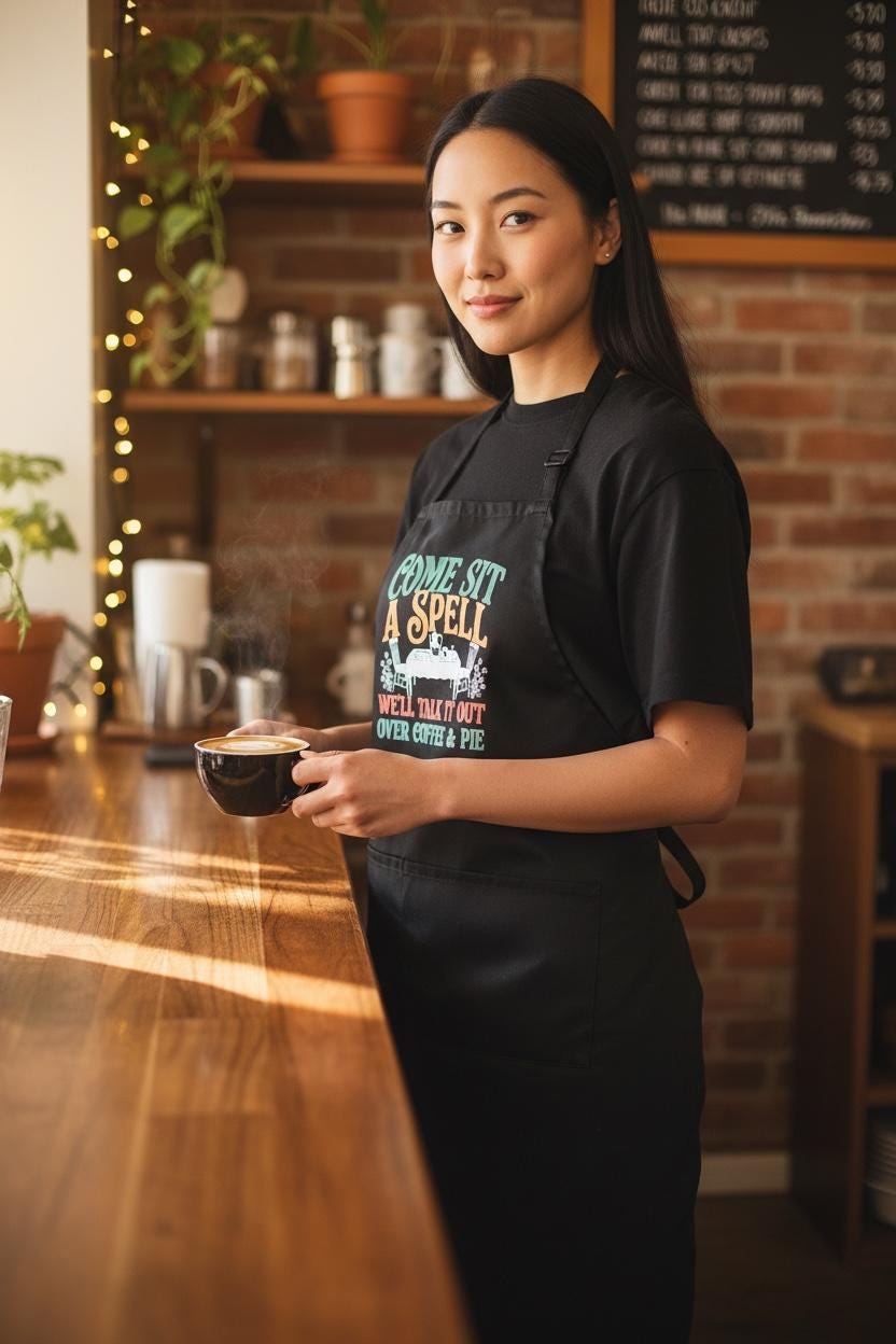 Come Sit a Spell Apron - We’ll Talk It Out Over Coffee and Pie - Funny Coffee Shop and Kitchen Apron
