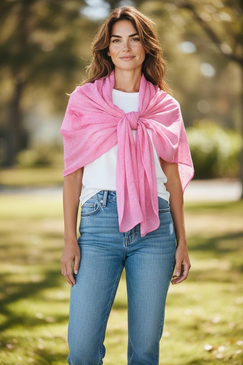 Pink Embroidered Shawl Scarf Women - Delicate Floral Boho Wrap Large Scarf with Carabiner and Eyelet for Multi-Purpose Use