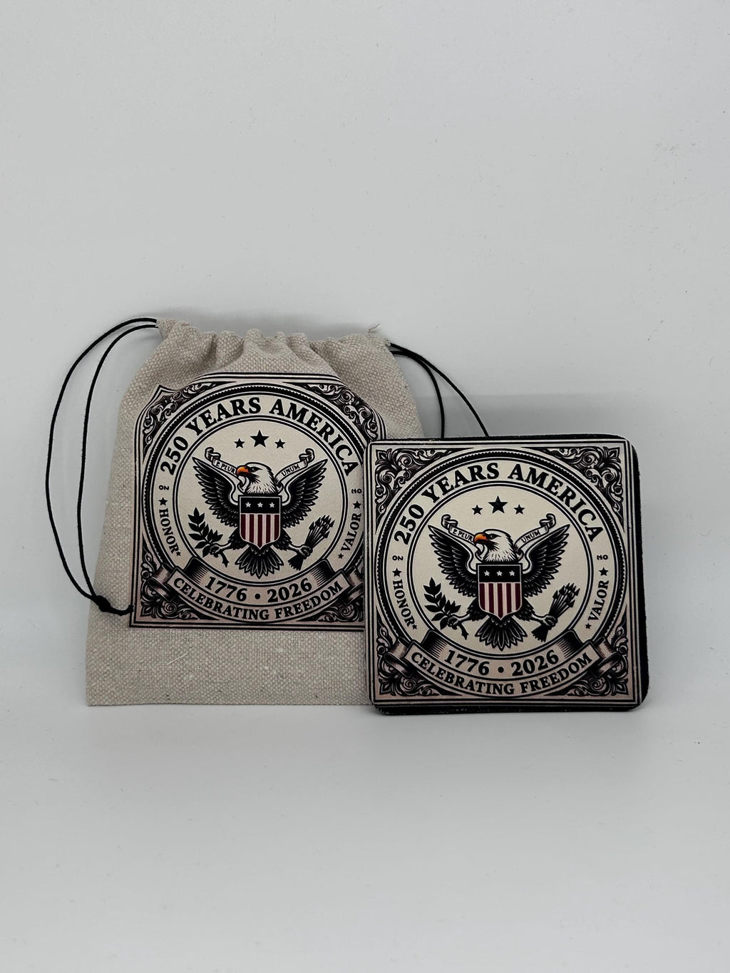 United We Stand 250 Years Strong 1776-2026 Patriotic Eagle Coaster & Canvas Drawstring Pouch Set - American Flag Gift