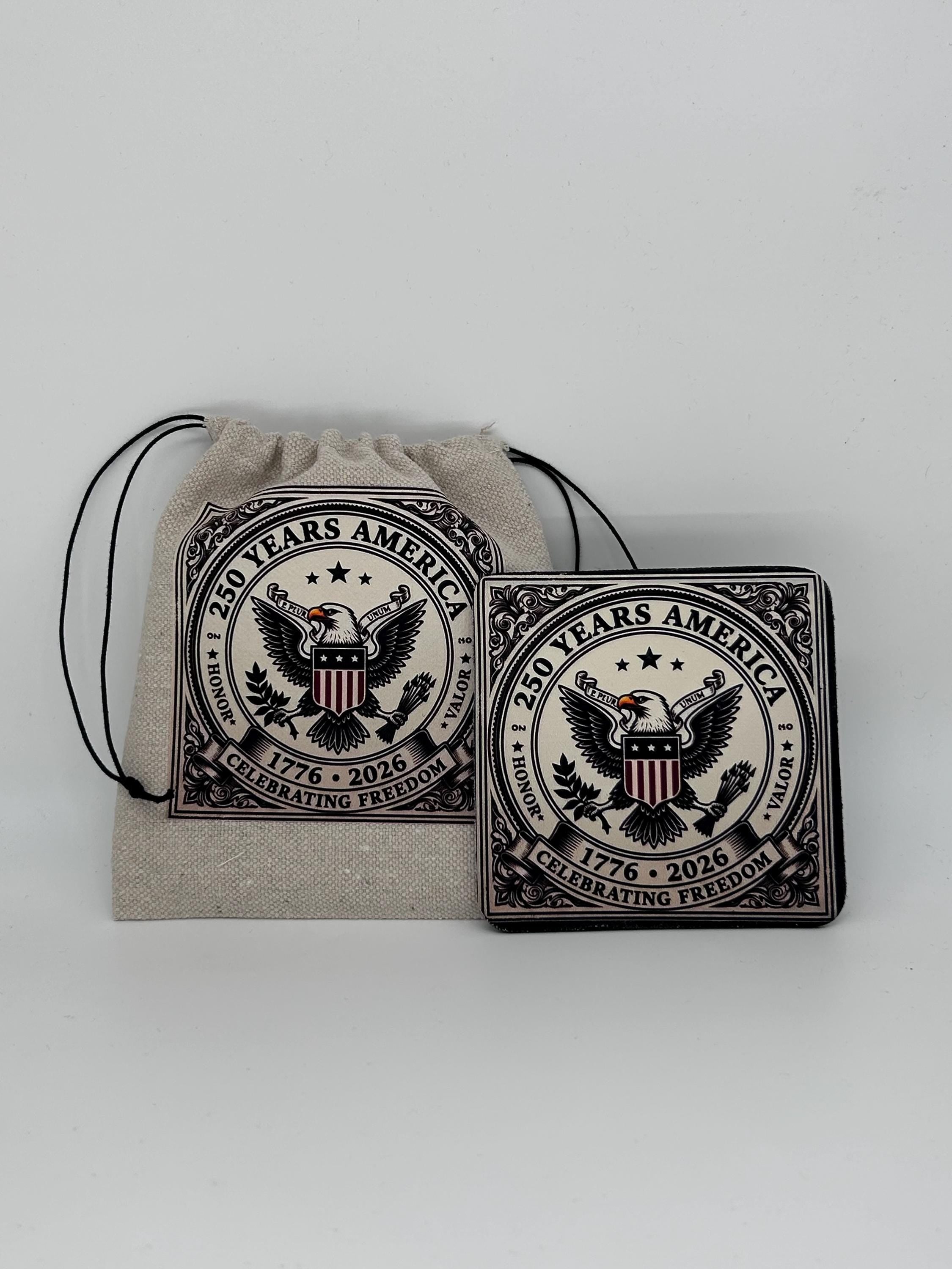 United We Stand 250 Years Strong 1776-2026 Patriotic Eagle Coaster & Canvas Drawstring Pouch Set - American Flag Gift