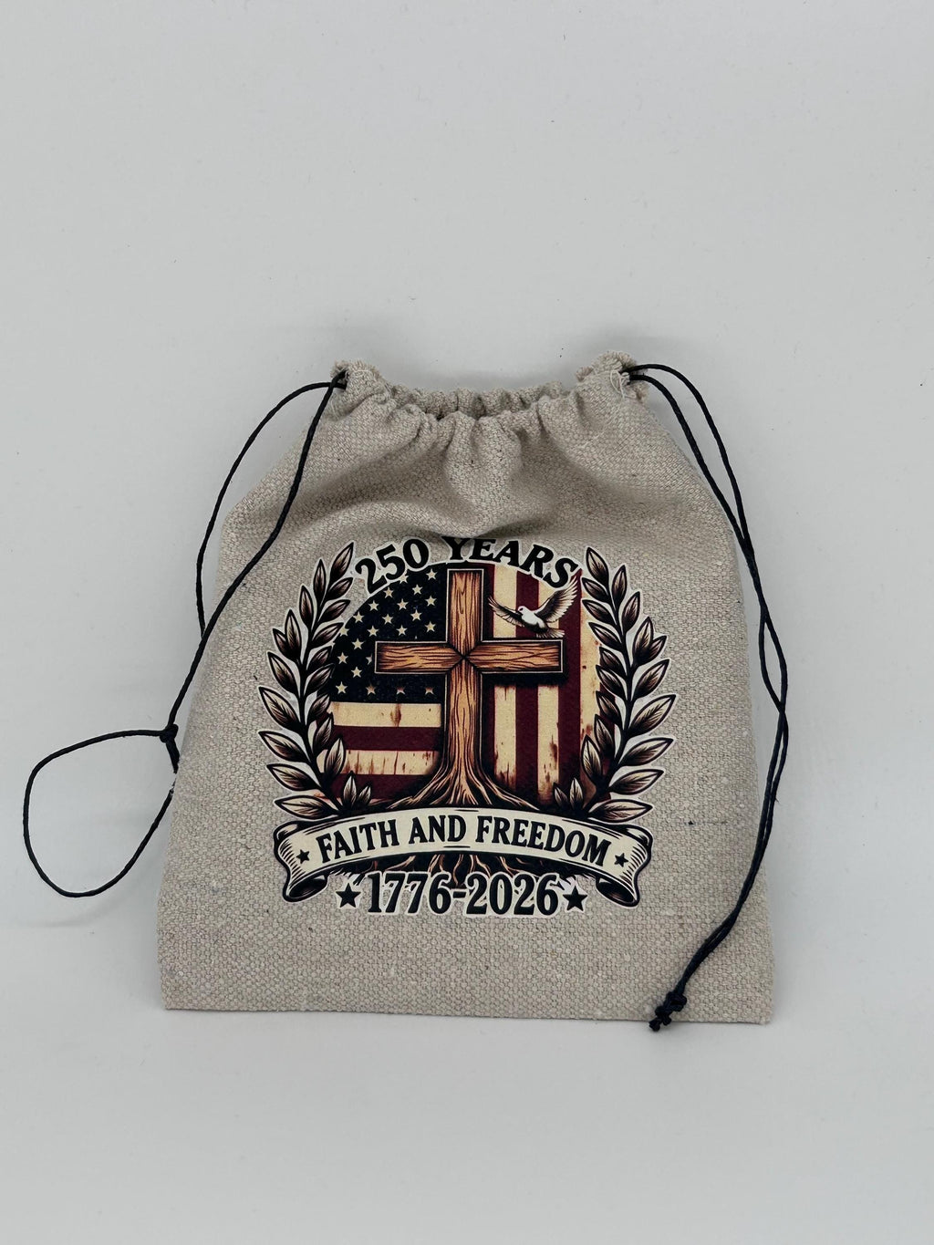 Years Faith and Freedom 1776-2026 Patriotic Christian Cross Coaster & Canvas Drawstring Pouch Set - American Flag Gift