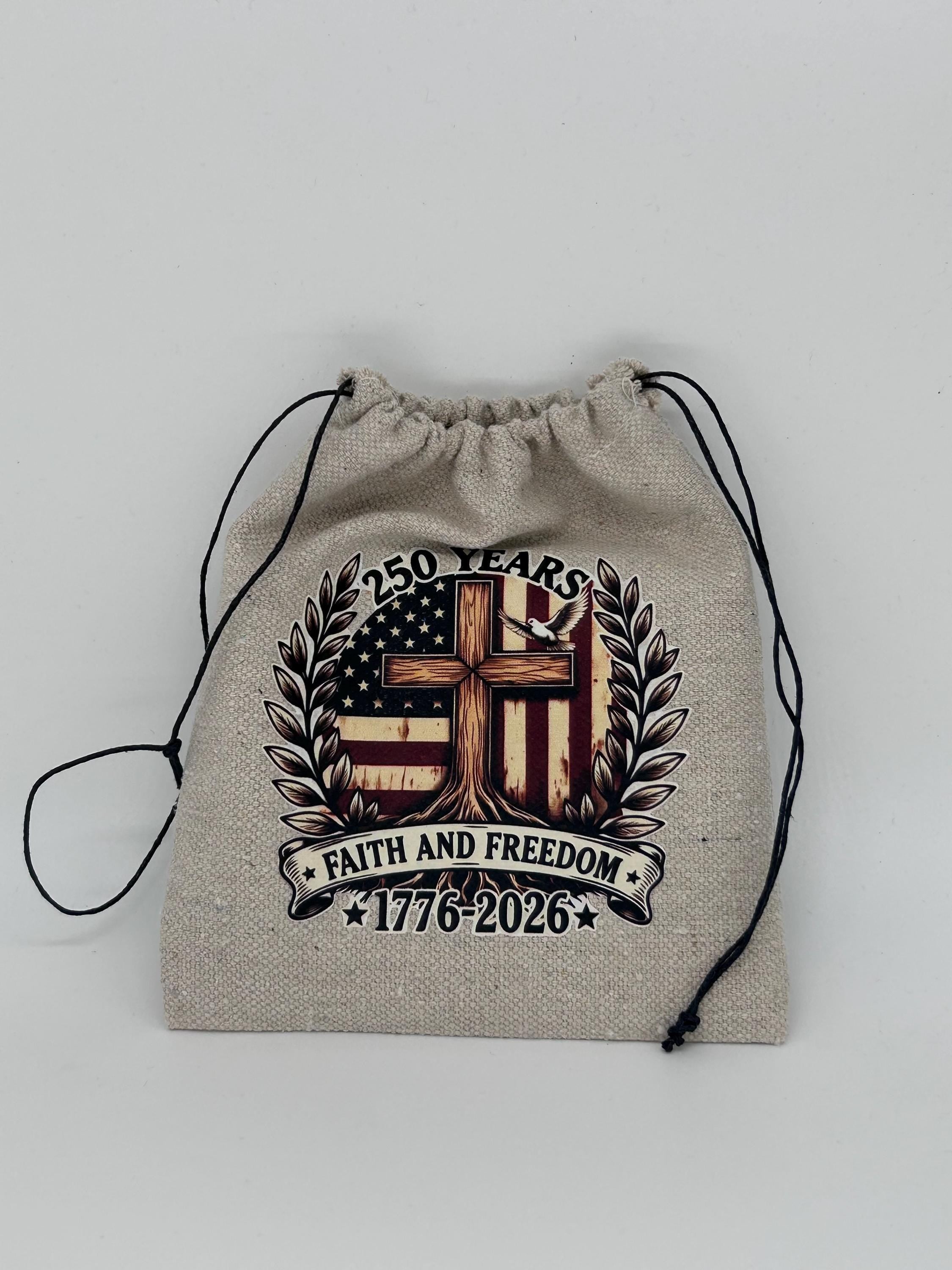 Years Faith and Freedom 1776-2026 Patriotic Christian Cross Coaster & Canvas Drawstring Pouch Set - American Flag Gift