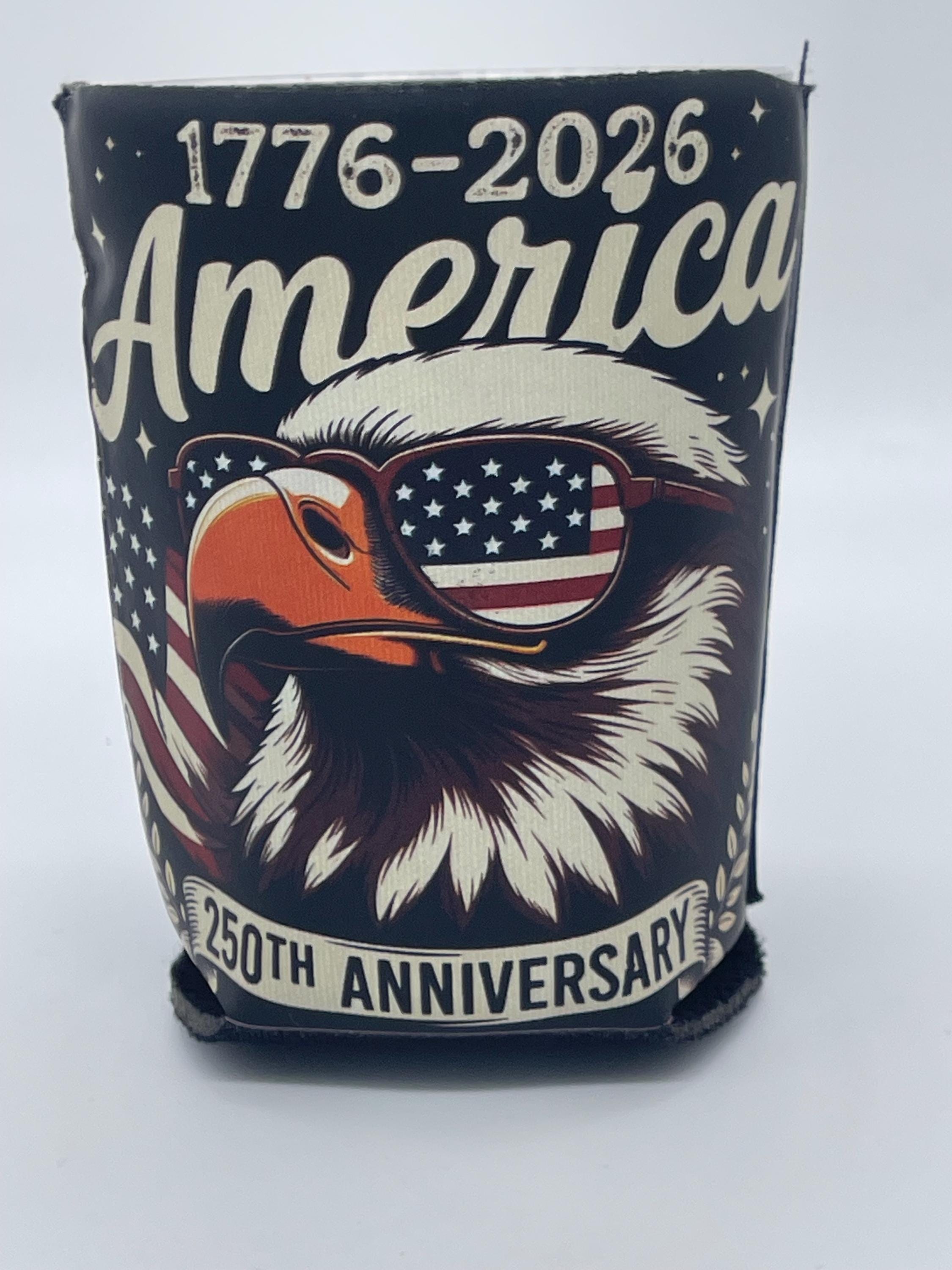 250 Years America 1776-2026 Patriotic Neoprene Can Cooler Set of 4 - Eagle Cross & Flag Sunglasses Designs - 4th of July Gift”
