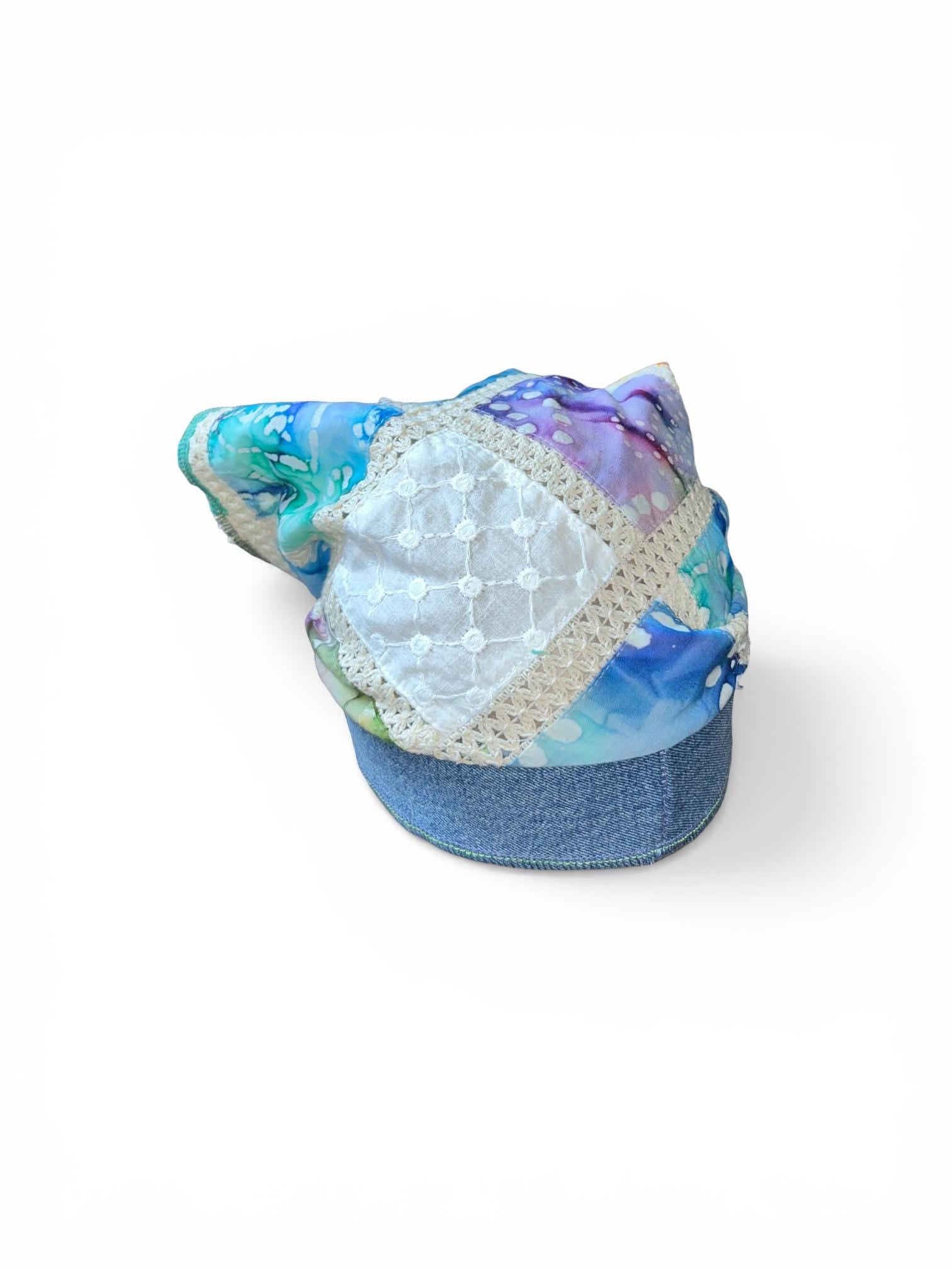 Handmade Patchwork Head Scarf Bandana - Boho Lace Denim Watercolor Wrap for Women