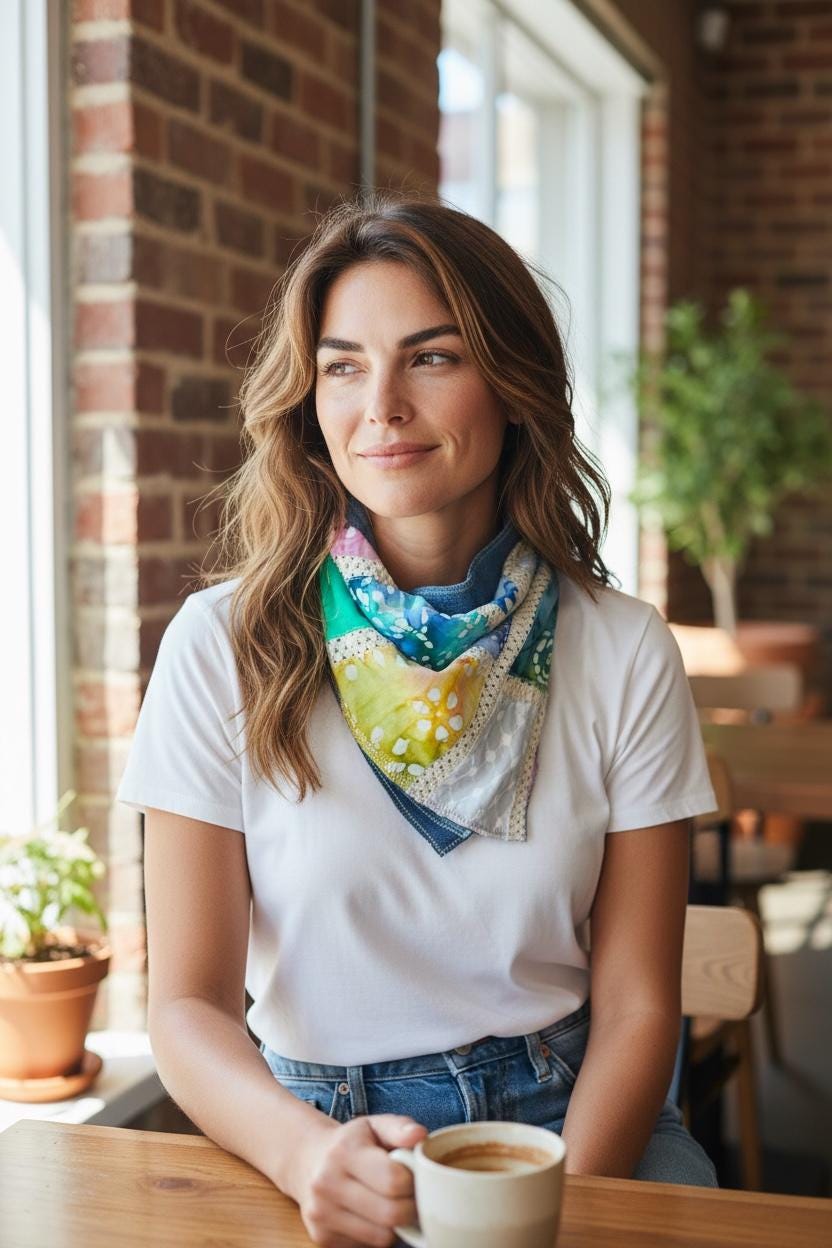 Handmade Patchwork Head Scarf Bandana - Boho Lace Denim Watercolor Wrap for Women