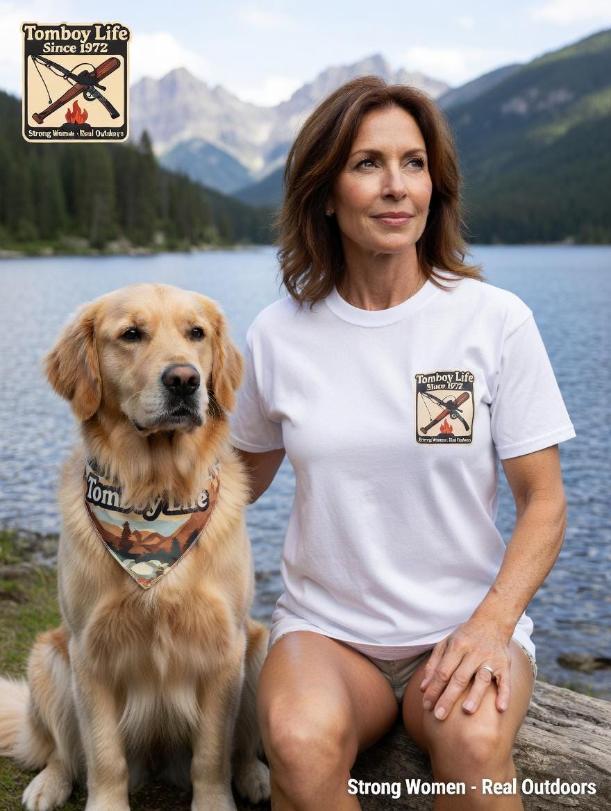 Tomboy Life Since 1972 Outdoor Badge T-Shirt | Fishing Softball Camping Graphic Tee | Strong Women Real Outdoors Shirt | White T-Shirt