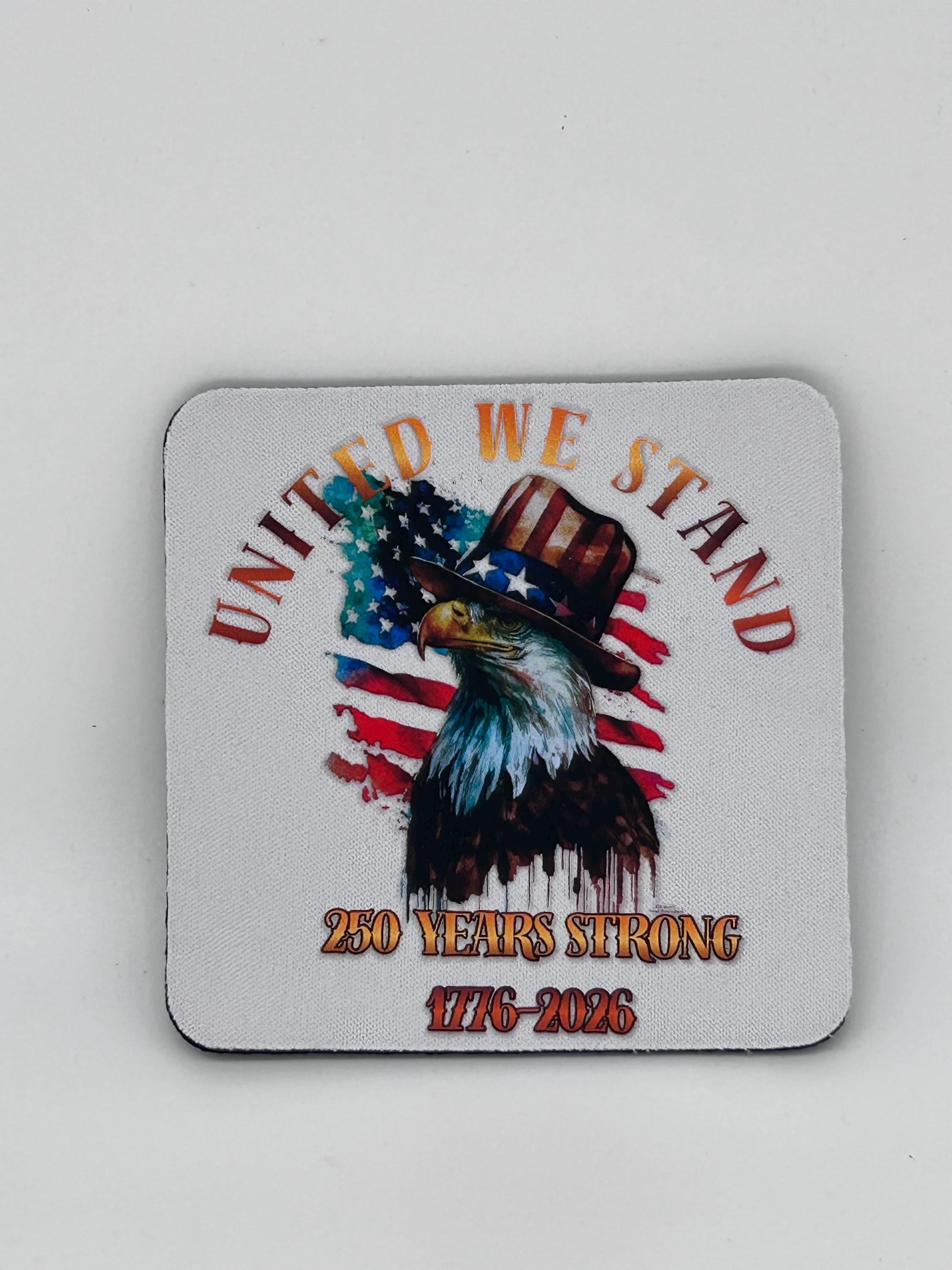 United We Stand 250 Years Strong 1776-2026 Patriotic Bald Eagle Coaster Set of 4 with Canvas Drawstring Pouch - American Flag Gift