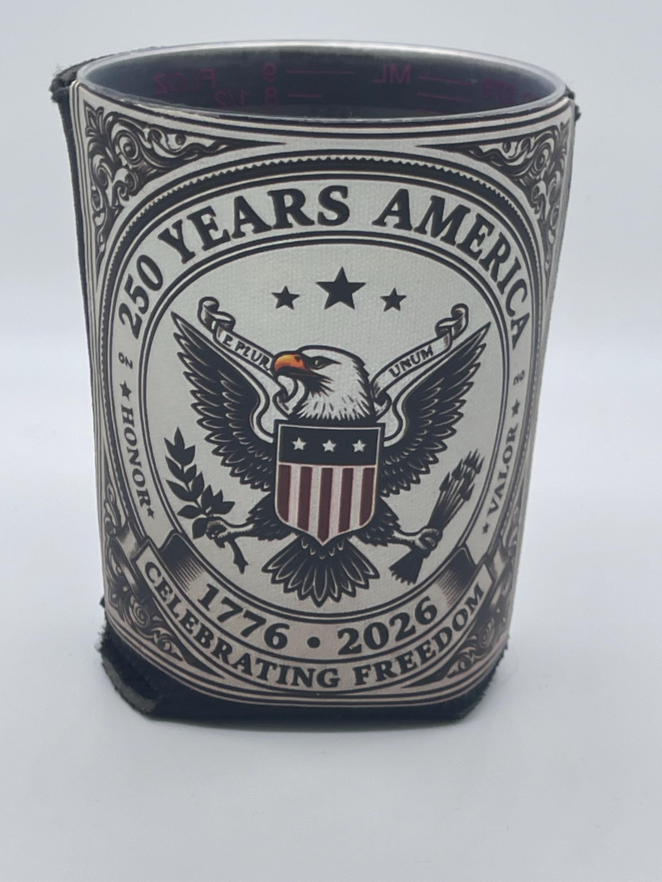 250 Years America 1776-2026 Patriotic Neoprene Can Cooler Set of 4 - Eagle Cross & Flag Sunglasses Designs - 4th of July Gift”