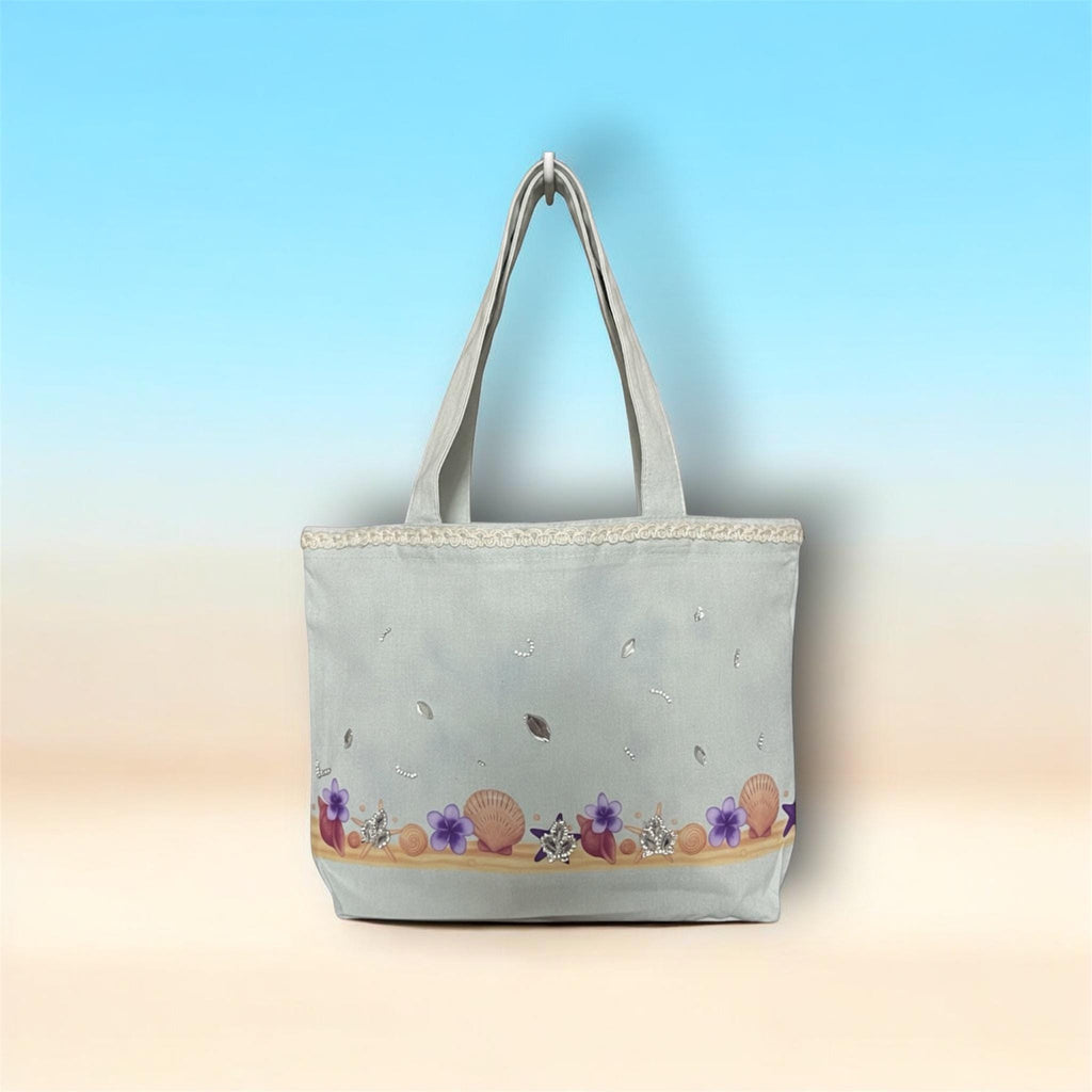 Beach Tote Bag | Hand-Dyed Canvas Seashell Tote with Rhinestone Bling | Zippered Summer Beach Bag | Coastal Canvas Tote