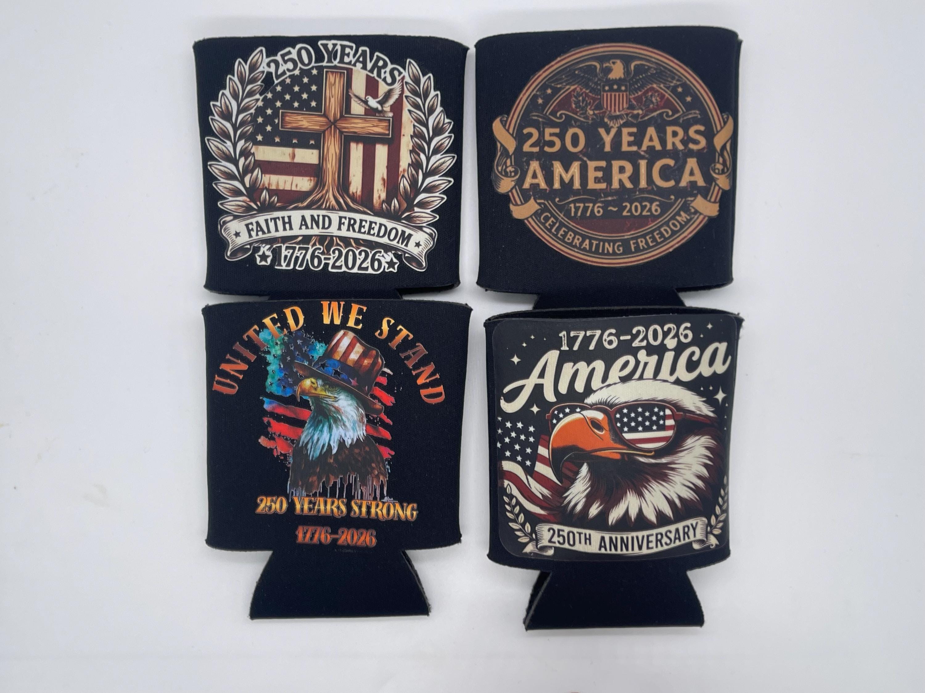250 Years America 1776-2026 Patriotic Neoprene Can Cooler Set of 4 - Eagle Cross & Flag Sunglasses Designs - 4th of July Gift”