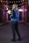 Blue Denim Vest Women - Skull Top Hat Roses Painted Jean Vest - Edgy Biker Style Jacket