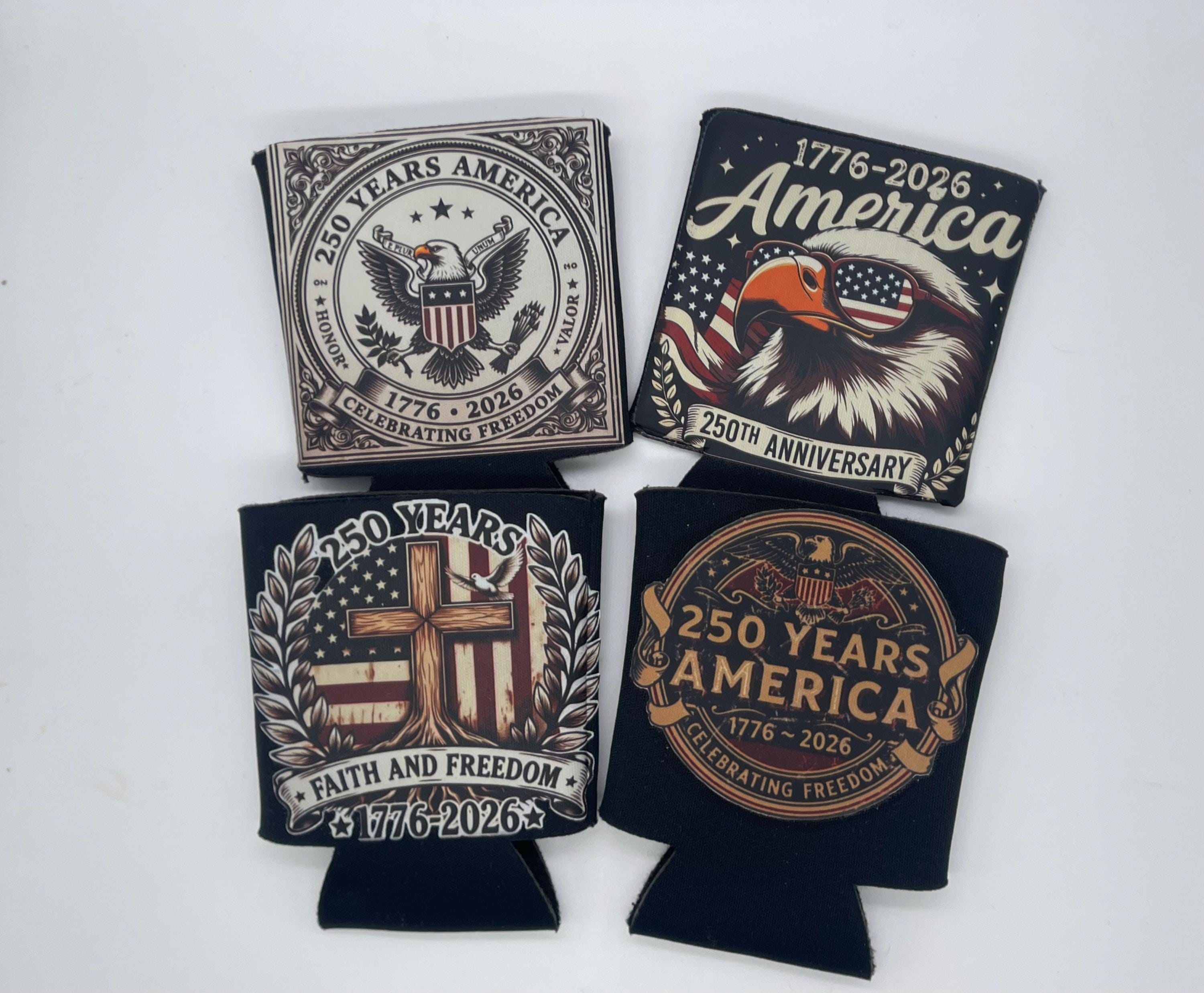 250 Years America 1776-2026 Patriotic Neoprene Can Cooler Set of 4 - Eagle Cross & Flag Sunglasses Designs - 4th of July Gift”