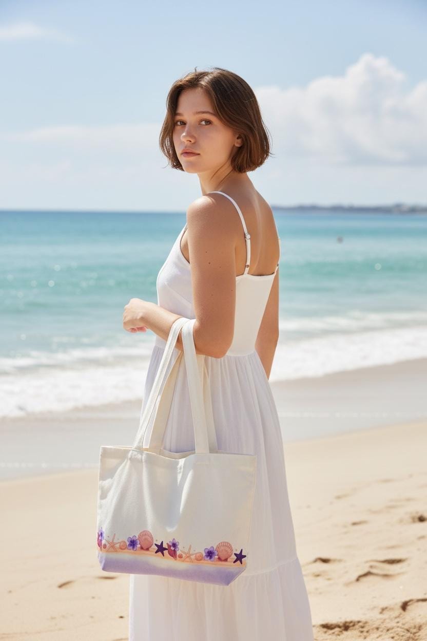 Beach Tote Bag | Hand-Dyed Canvas Seashell Tote | Zippered Summer Beach Bag | Coastal Canvas Tote