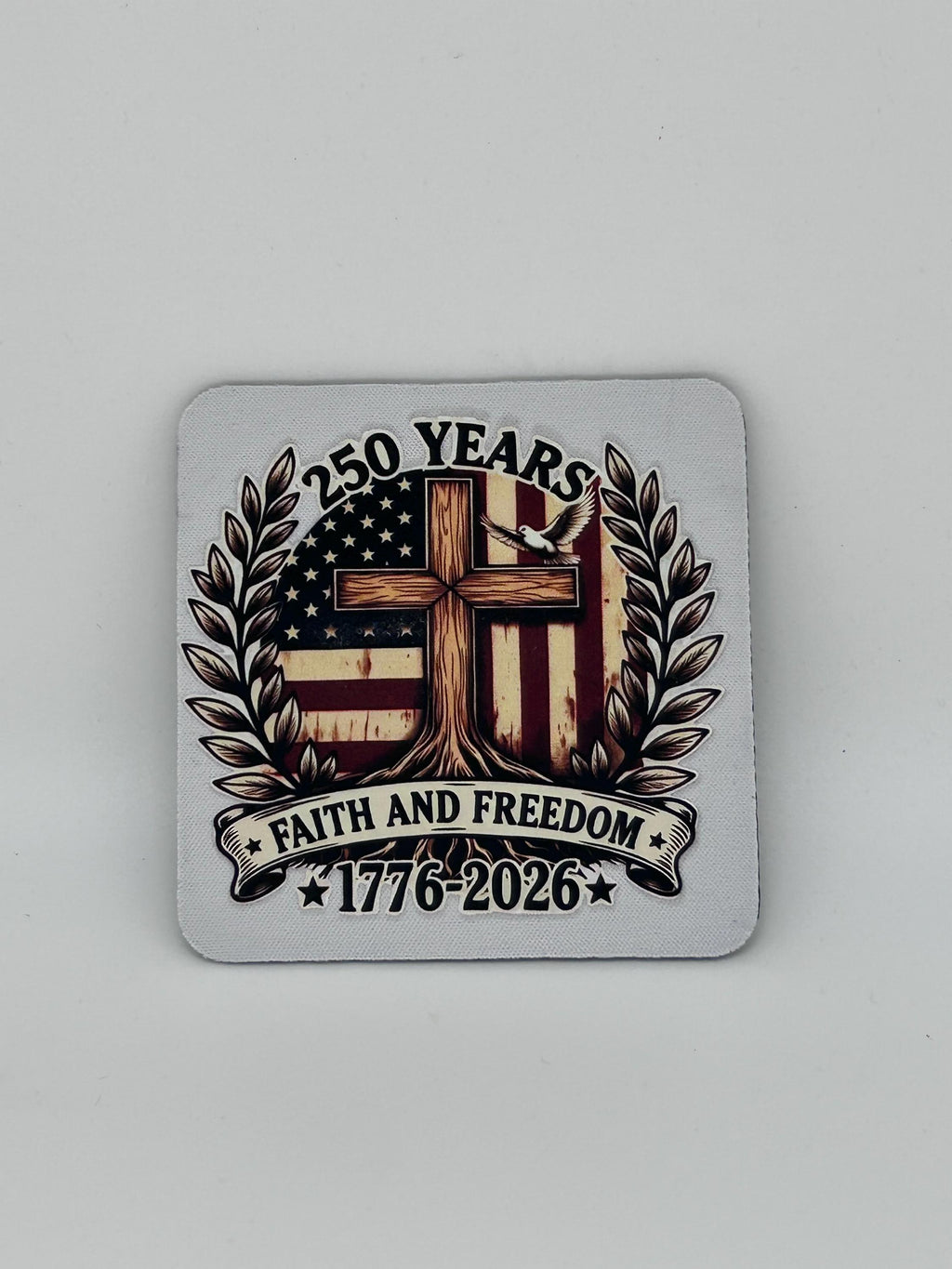 Years Faith and Freedom 1776-2026 Patriotic Christian Cross Coaster & Canvas Drawstring Pouch Set - American Flag Gift