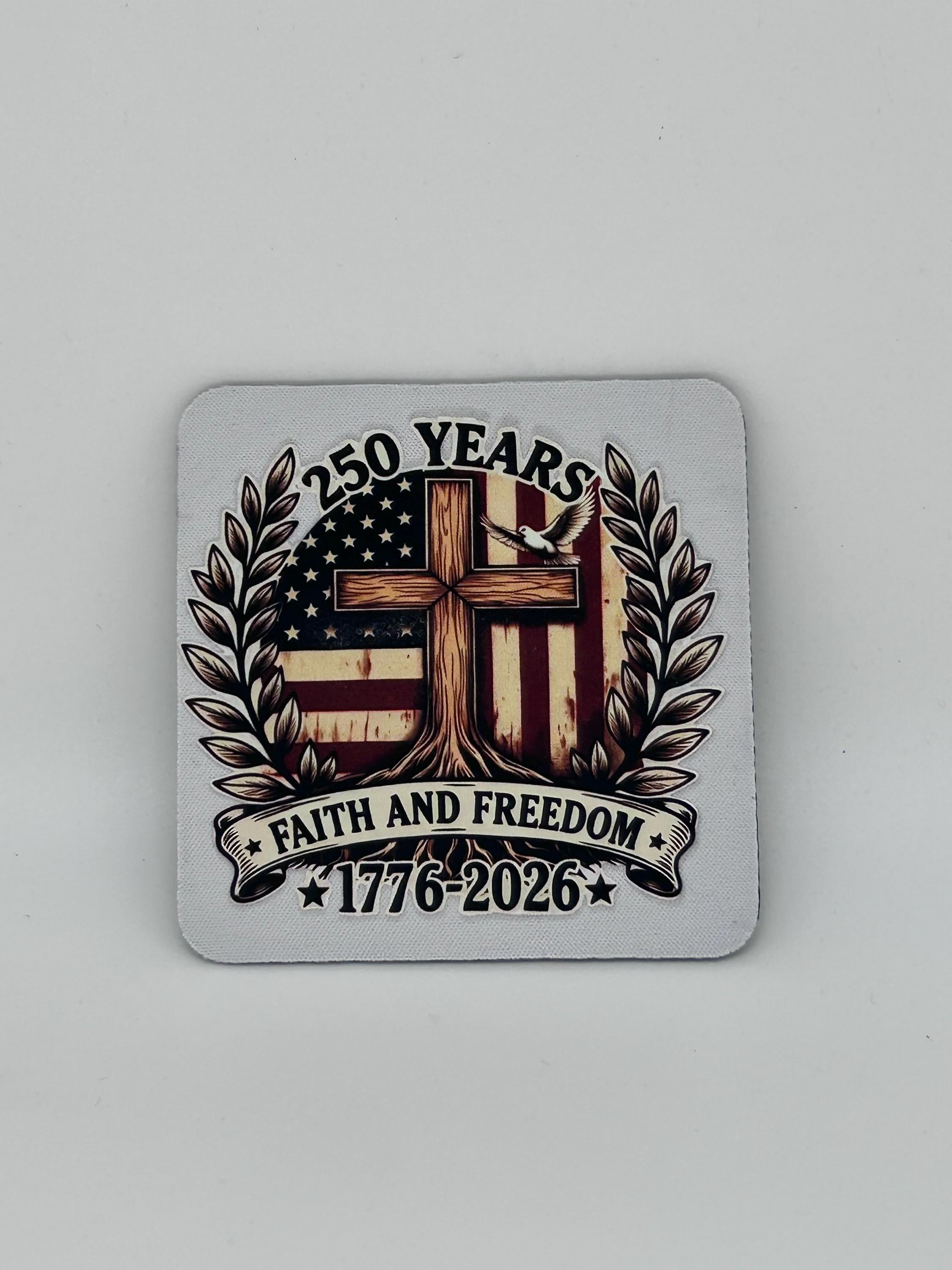 Years Faith and Freedom 1776-2026 Patriotic Christian Cross Coaster & Canvas Drawstring Pouch Set - American Flag Gift